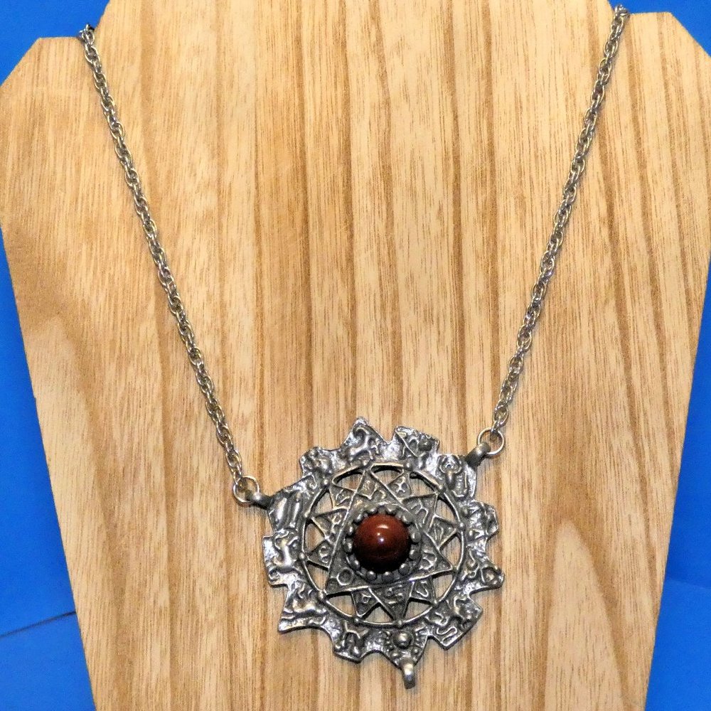 Vintage MARK HEISTER Zodiac Calendar Necklace Astrology Red Cabochon 1975 RARE